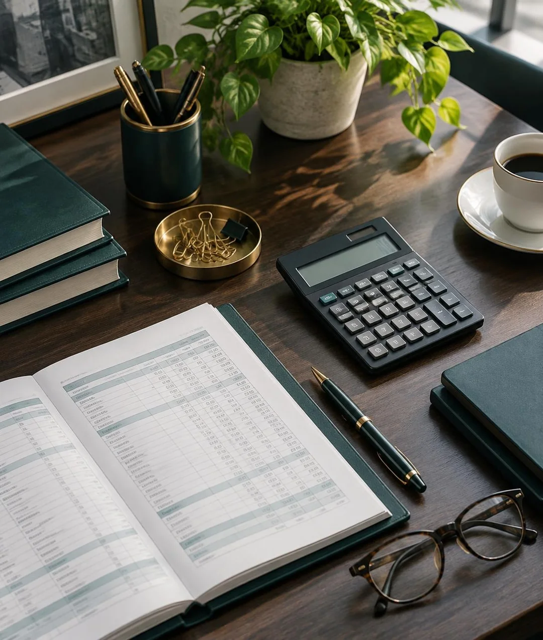 Mesa organizada com calculadora, livros contábeis e materiais de trabalho